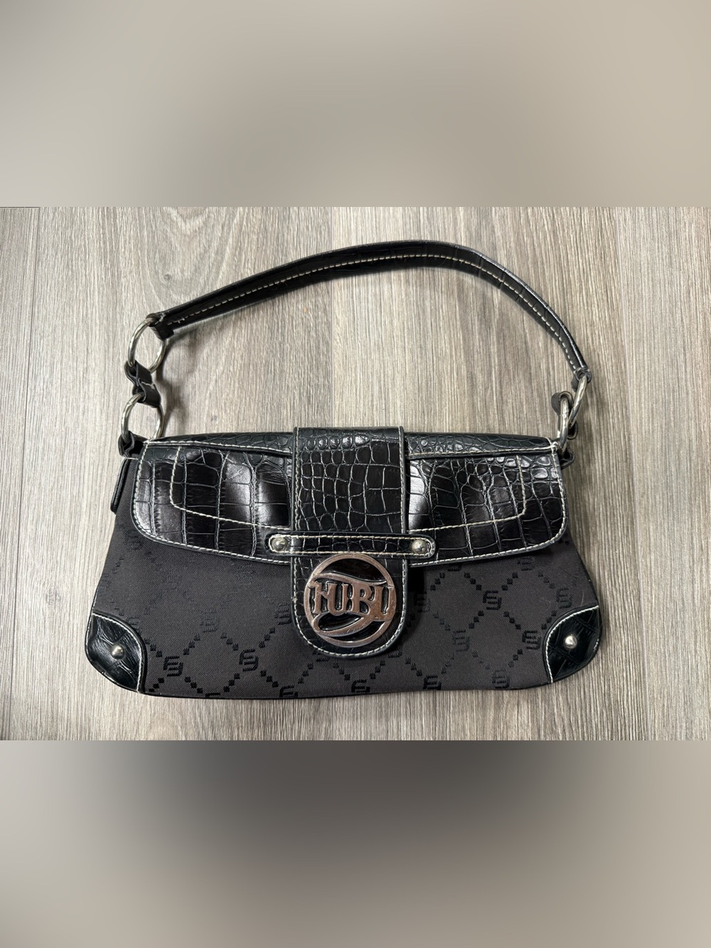 FUBU Black Monogram Logo Baguette Bag Y2K Croc Embossed Silver Hardware Purse